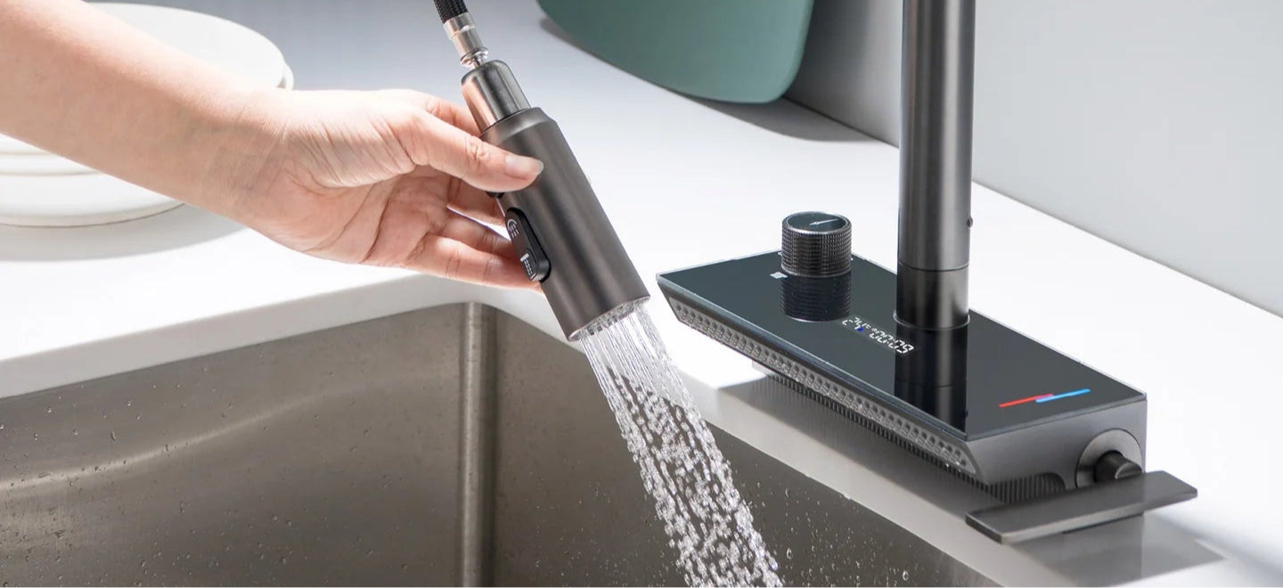 LuxFlow Waterfall & Pull-Down Bifunctional Kitchen Faucet in Gun Metal
