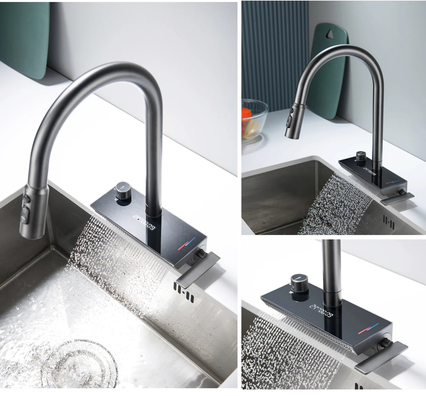 LuxFlow Waterfall & Pull-Down Bifunctional Kitchen Faucet in Gun Metal