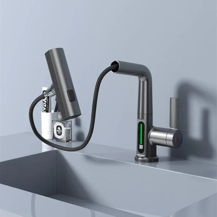 ZenCascade Waterfall & Pull-Out Faucet with Temperature Display in Gun Metal