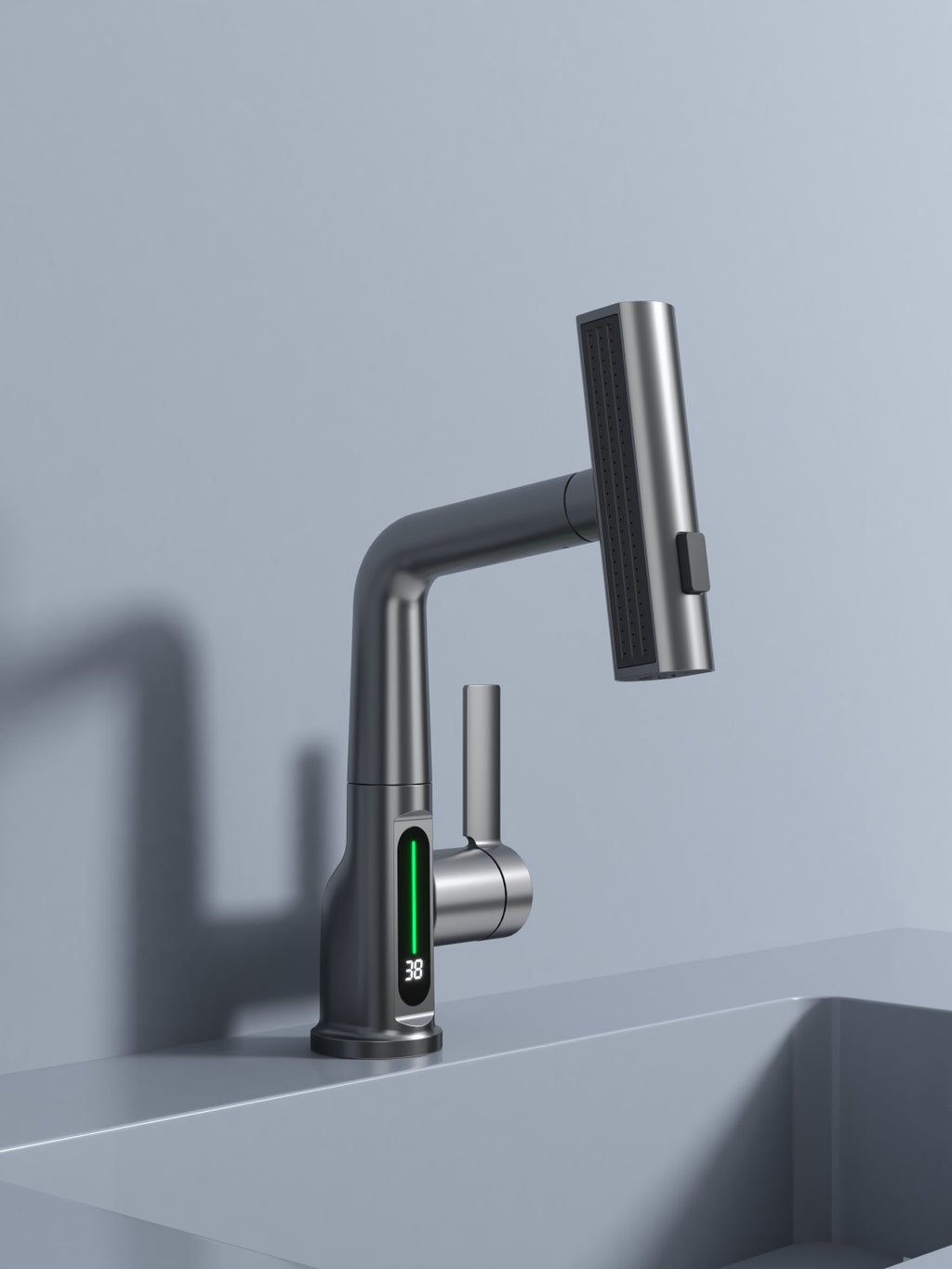 ZenCascade Waterfall & Pull-Out Faucet with Temperature Display in Gun Metal