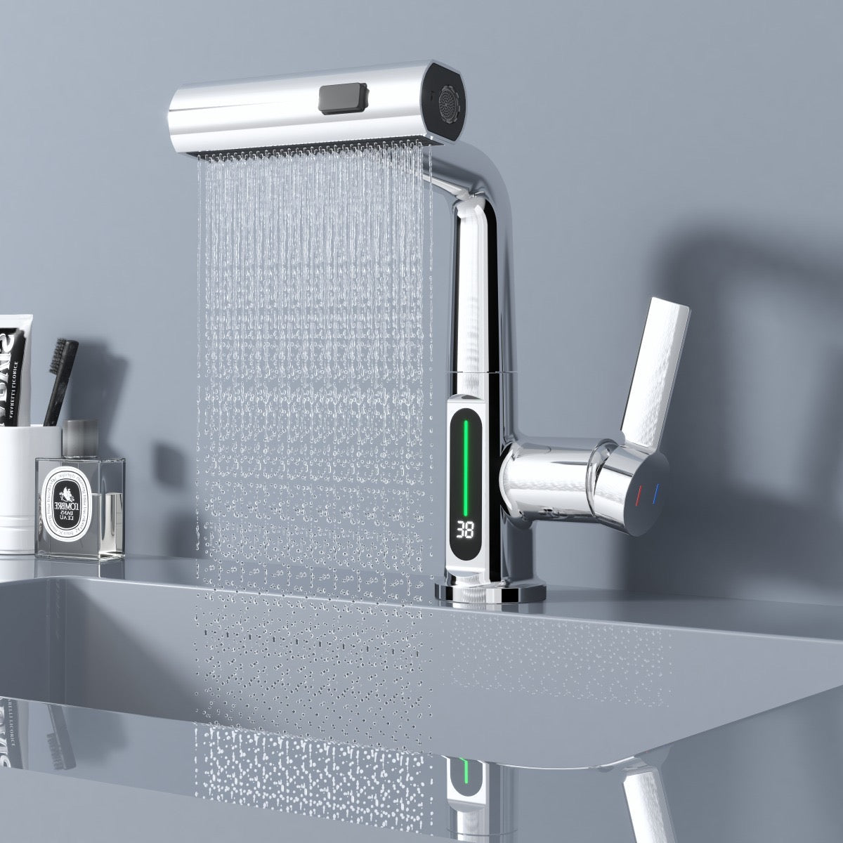 ZenCascade Waterfall & Pull-Out Faucet with Temperature Display in Chrome