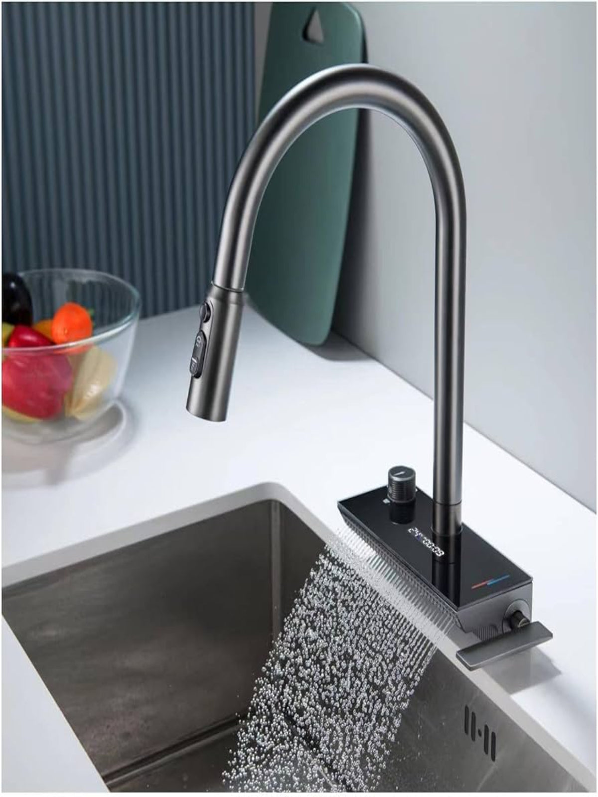 LuxFlow Waterfall & Pull-Down Bifunctional Kitchen Faucet in Gun Metal