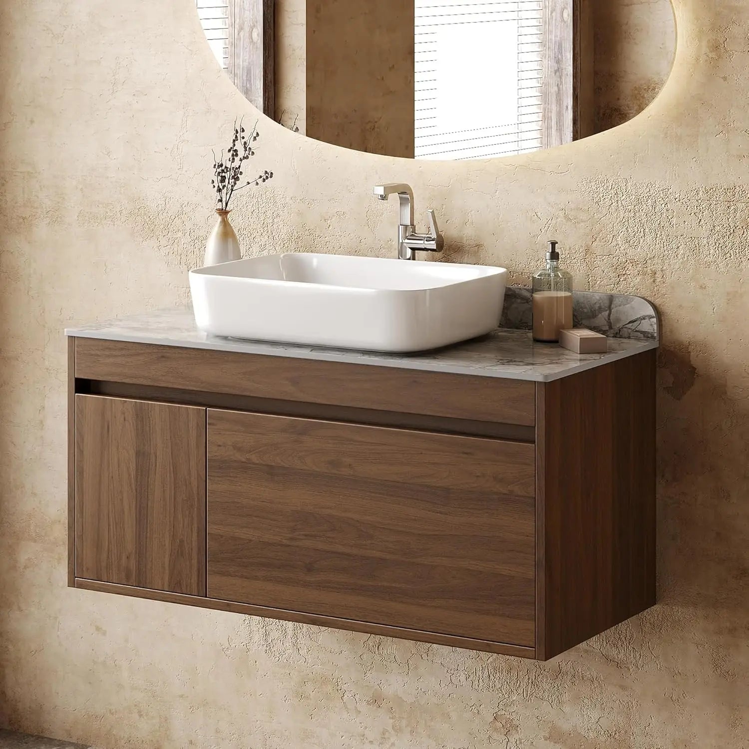 36" Floating Bathroom Vanity with Sink Combo, Wood Bathroom Vanity Storage Cabinet with Gray Sintered Stone, Customized