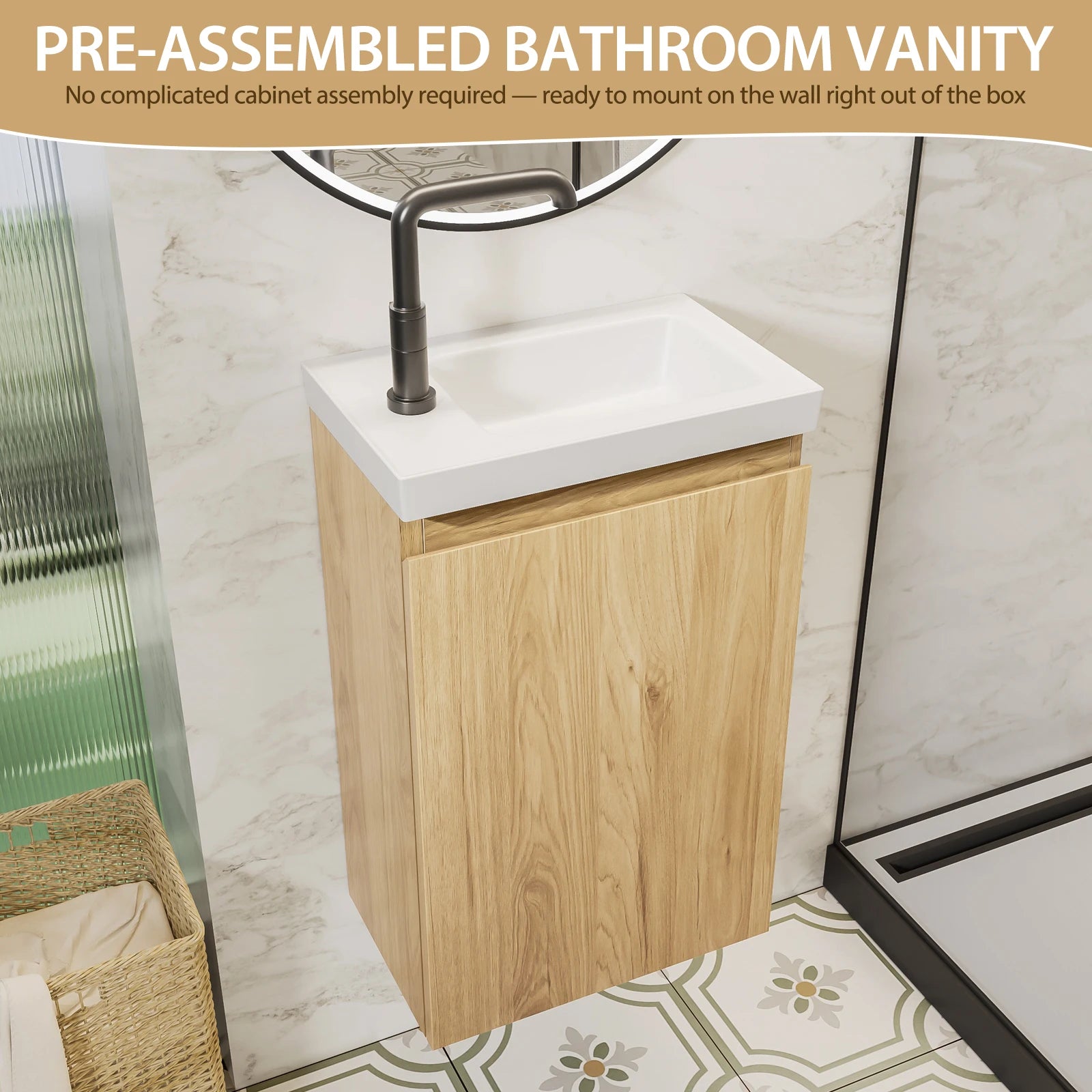 16-Inch Floating Bathroom Vanity with Sink - Natural Oak Smooth Front Finish Wall-Mounted White Stone Top