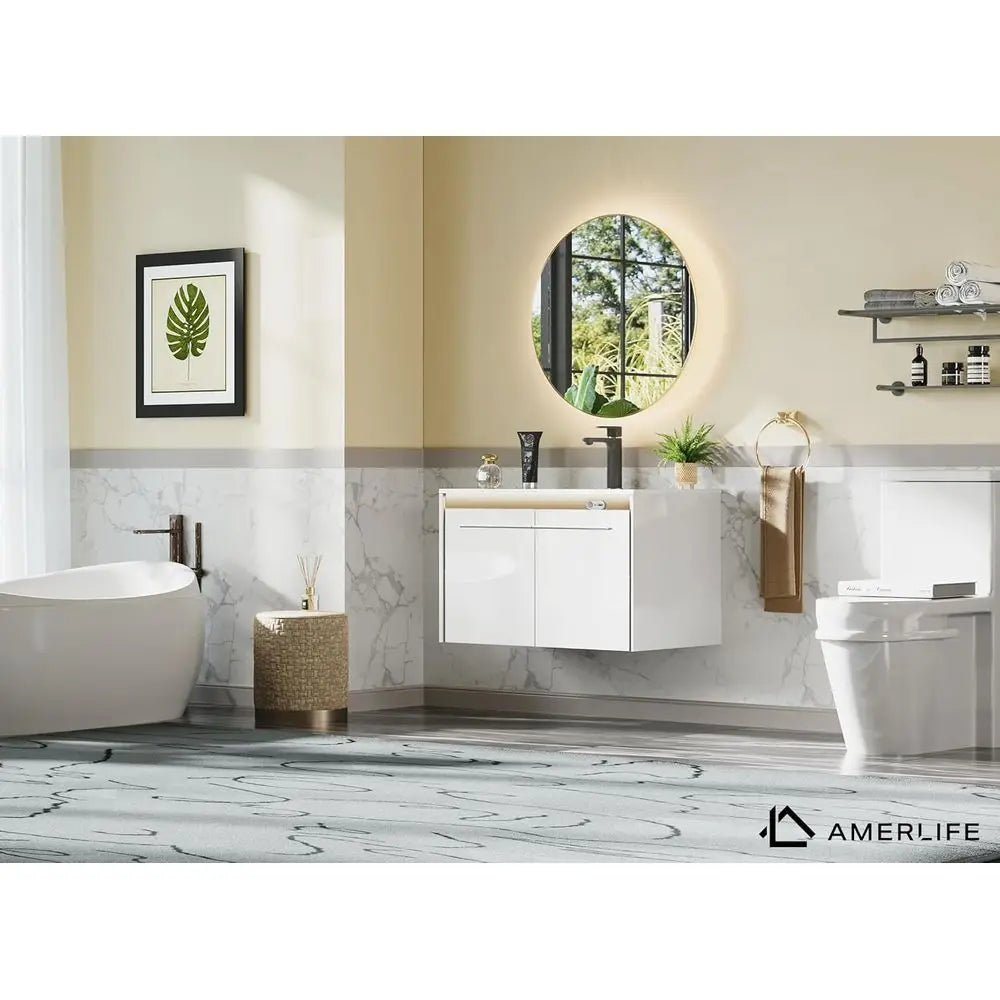 31" LED Floating Bathroom Vanity with Sink, High Gloss Single Sink Wall Mounted Bathroom Storage Vanity Cabinet