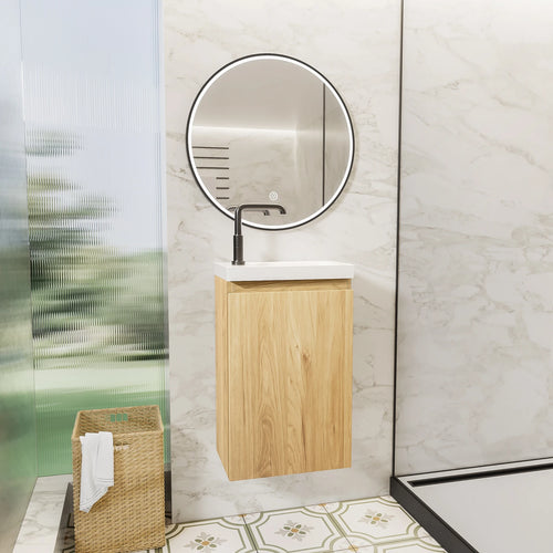 16-Inch Floating Bathroom Vanity with Sink - Natural Oak Smooth Front Finish Wall-Mounted White Stone Top