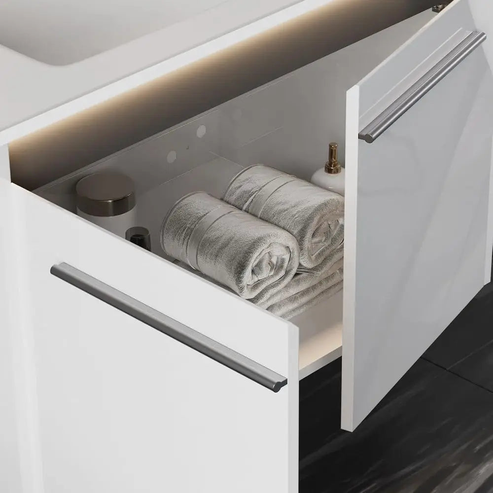 31" LED Floating Bathroom Vanity with Sink, High Gloss Single Sink Wall Mounted Bathroom Storage Vanity Cabinet