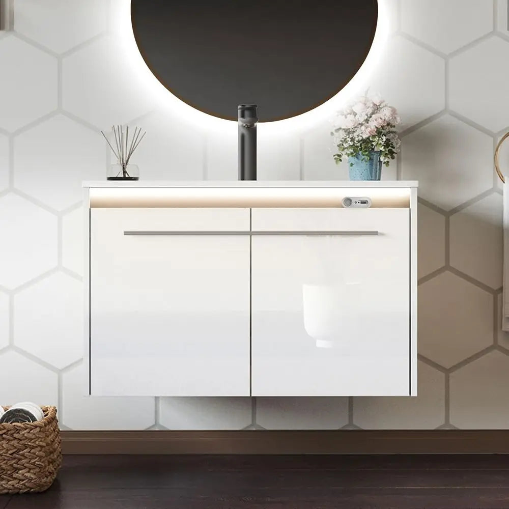 31" LED Floating Bathroom Vanity with Sink, High Gloss Single Sink Wall Mounted Bathroom Storage Vanity Cabinet