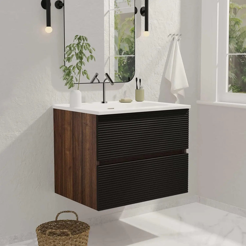 24" Modern Floating Bathroom Vanity with Sink, Wall Mounted with Ceramic Sink, Double Soft-Close Doors