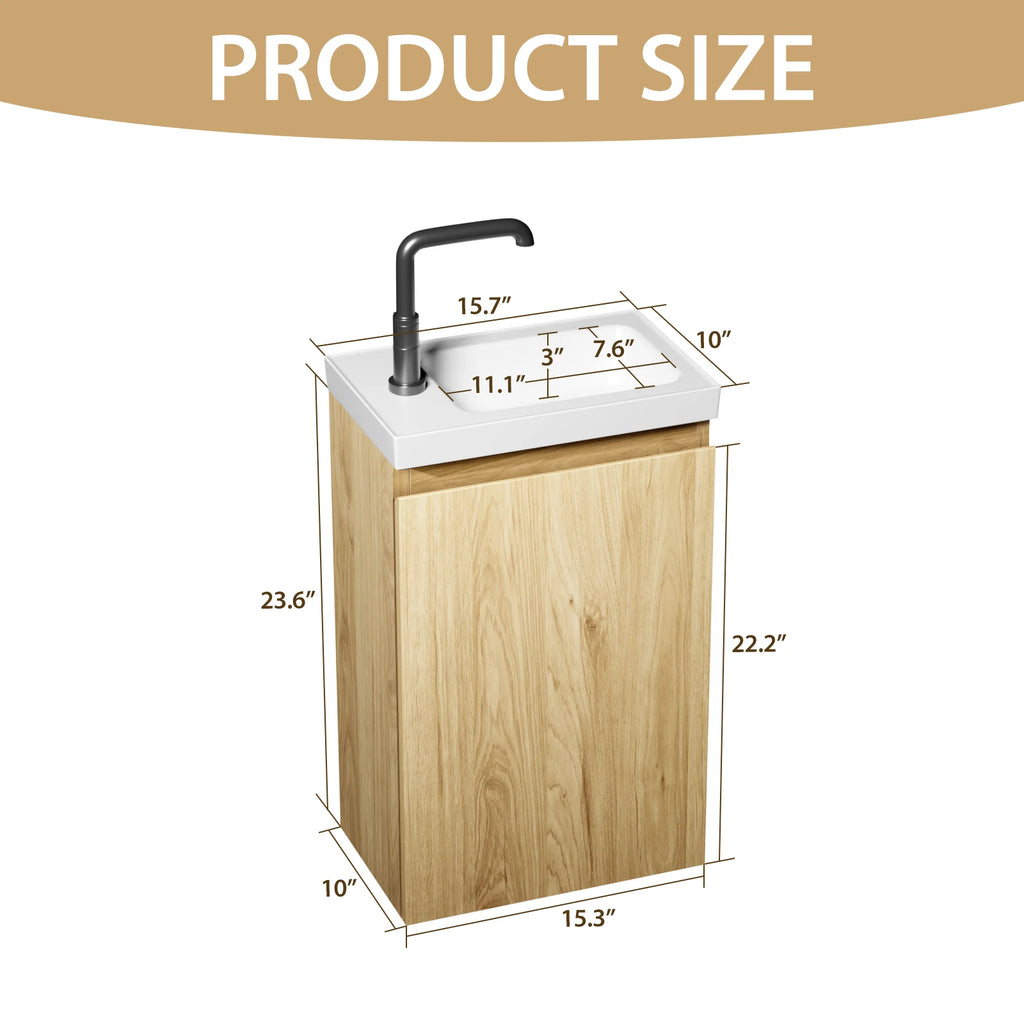 16-Inch Floating Bathroom Vanity with Sink - Natural Oak Smooth Front Finish Wall-Mounted White Stone Top