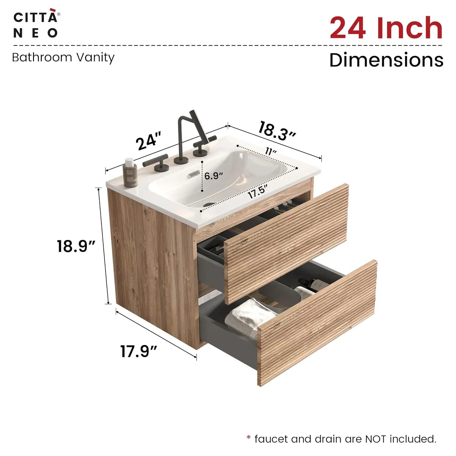 24" Modern Floating Bathroom Vanity with Sink, Wall Mounted with Ceramic Sink, Double Soft-Close Doors