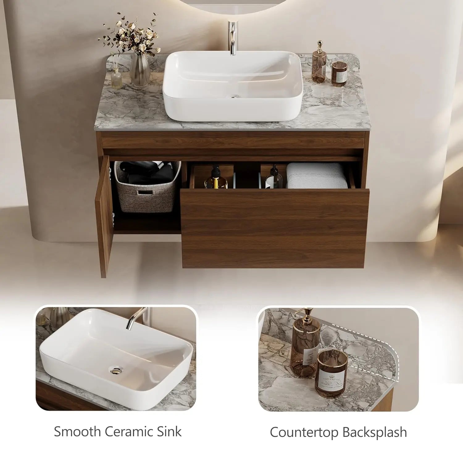 36" Floating Bathroom Vanity with Sink Combo, Wood Bathroom Vanity Storage Cabinet with Gray Sintered Stone, Customized