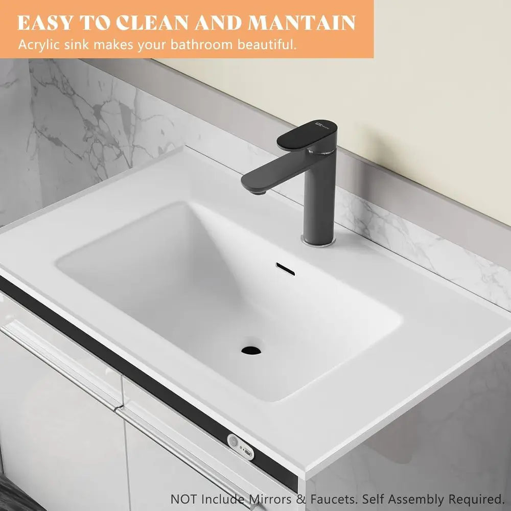 31" LED Floating Bathroom Vanity with Sink, High Gloss Single Sink Wall Mounted Bathroom Storage Vanity Cabinet