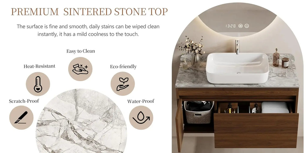 36" Floating Bathroom Vanity with Sink Combo, Wood Bathroom Vanity Storage Cabinet with Gray Sintered Stone