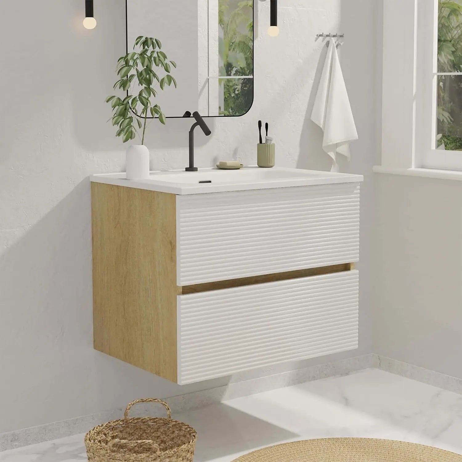 24" Floating Bathroom Vanity with Sink, Modern Wall Mounted Floating Vanity with Ceramic Sink, Double Soft-Close, Customized