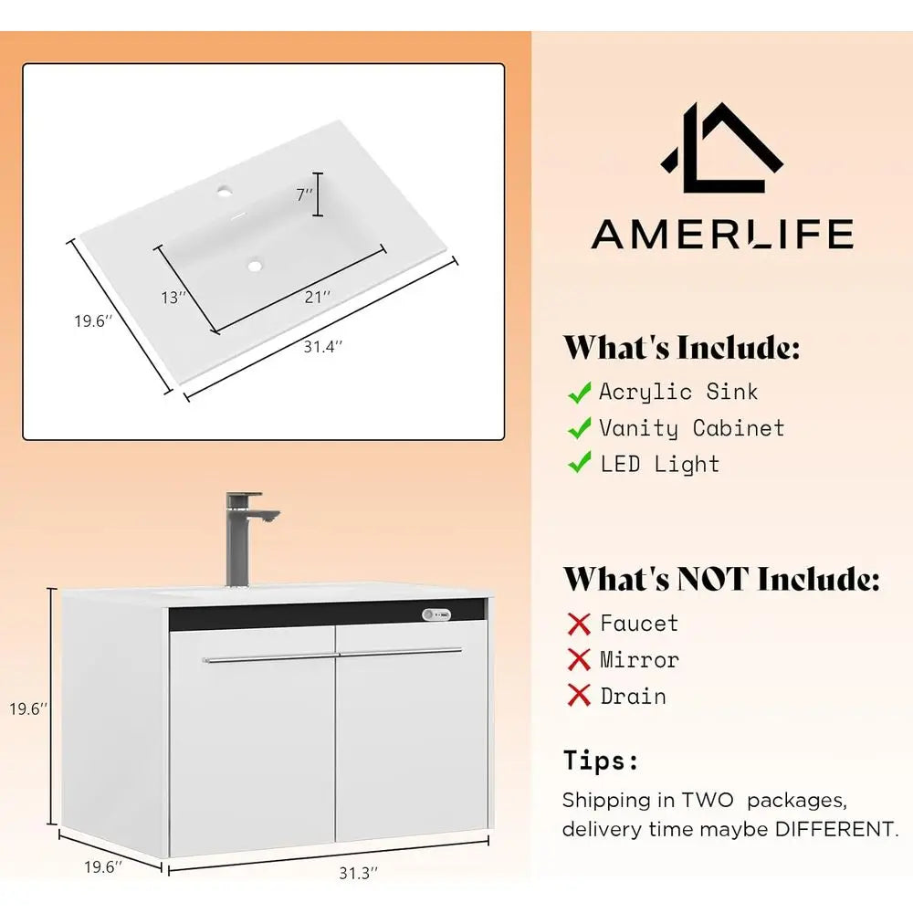 31" LED Floating Bathroom Vanity with Sink, High Gloss Single Sink Wall Mounted Bathroom Storage Vanity Cabinet