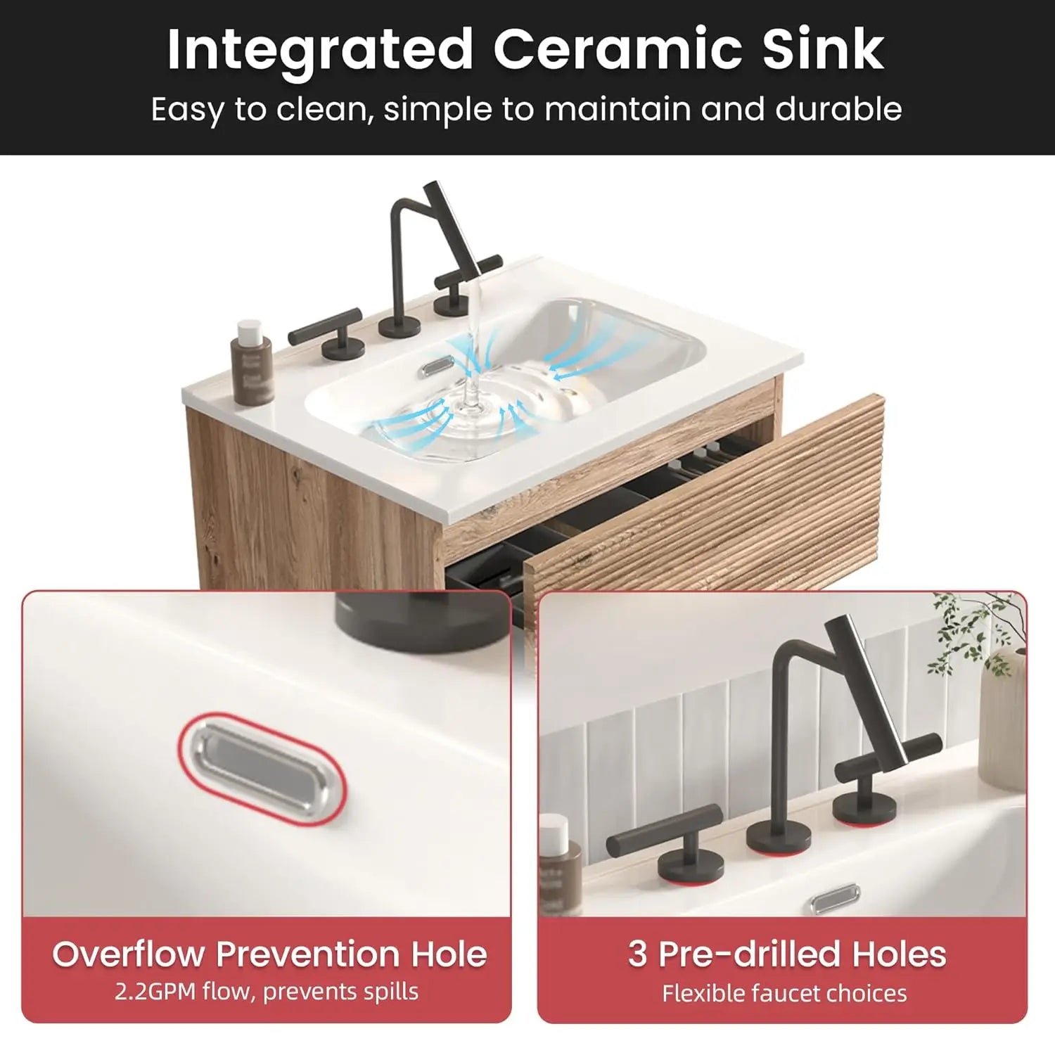 24" Floating Bathroom Vanity with Sink, Modern Wall Mounted Floating Vanity with Ceramic Sink, Double Soft-Close, Customized