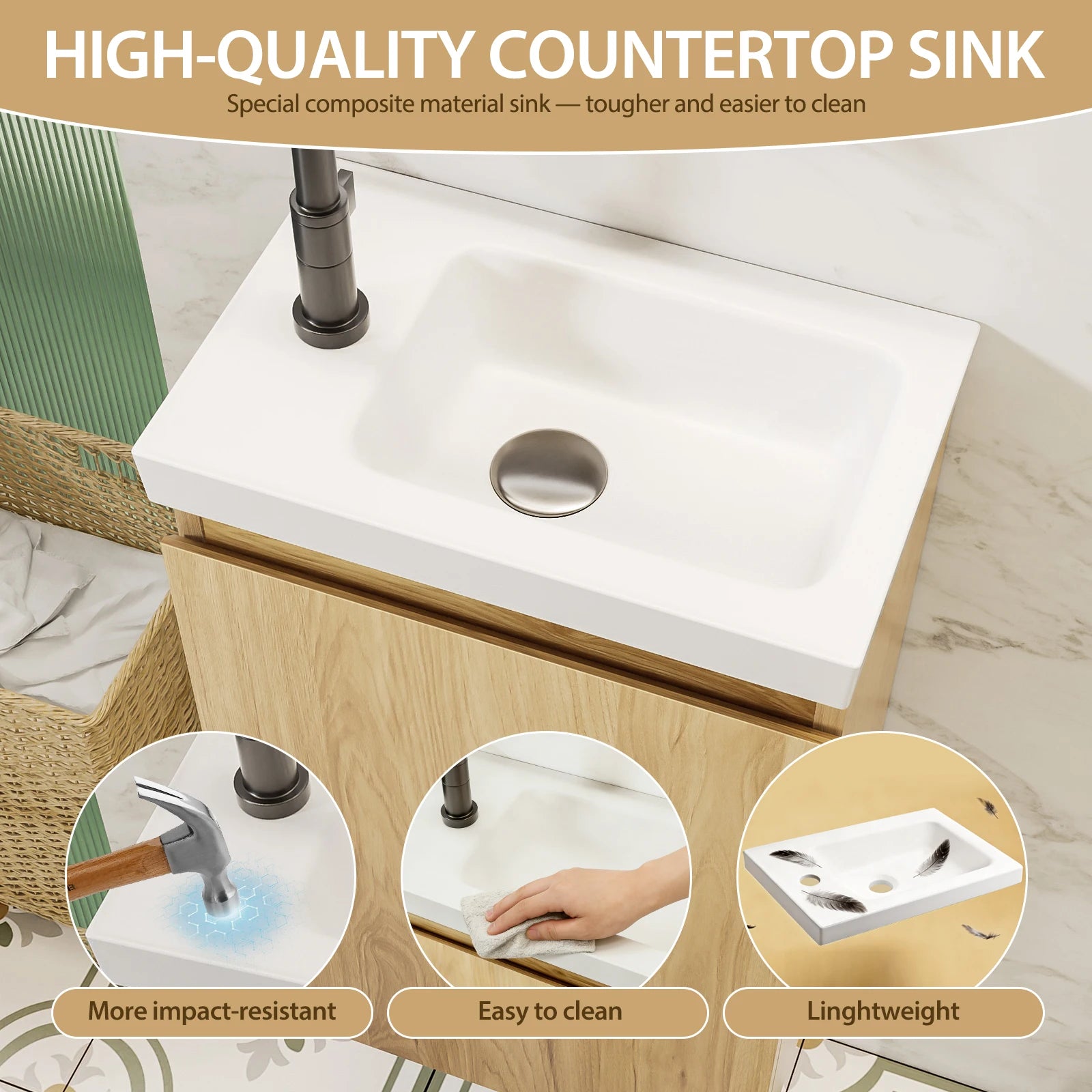 16-Inch Floating Bathroom Vanity with Sink - Natural Oak Smooth Front Finish Wall-Mounted White Stone Top