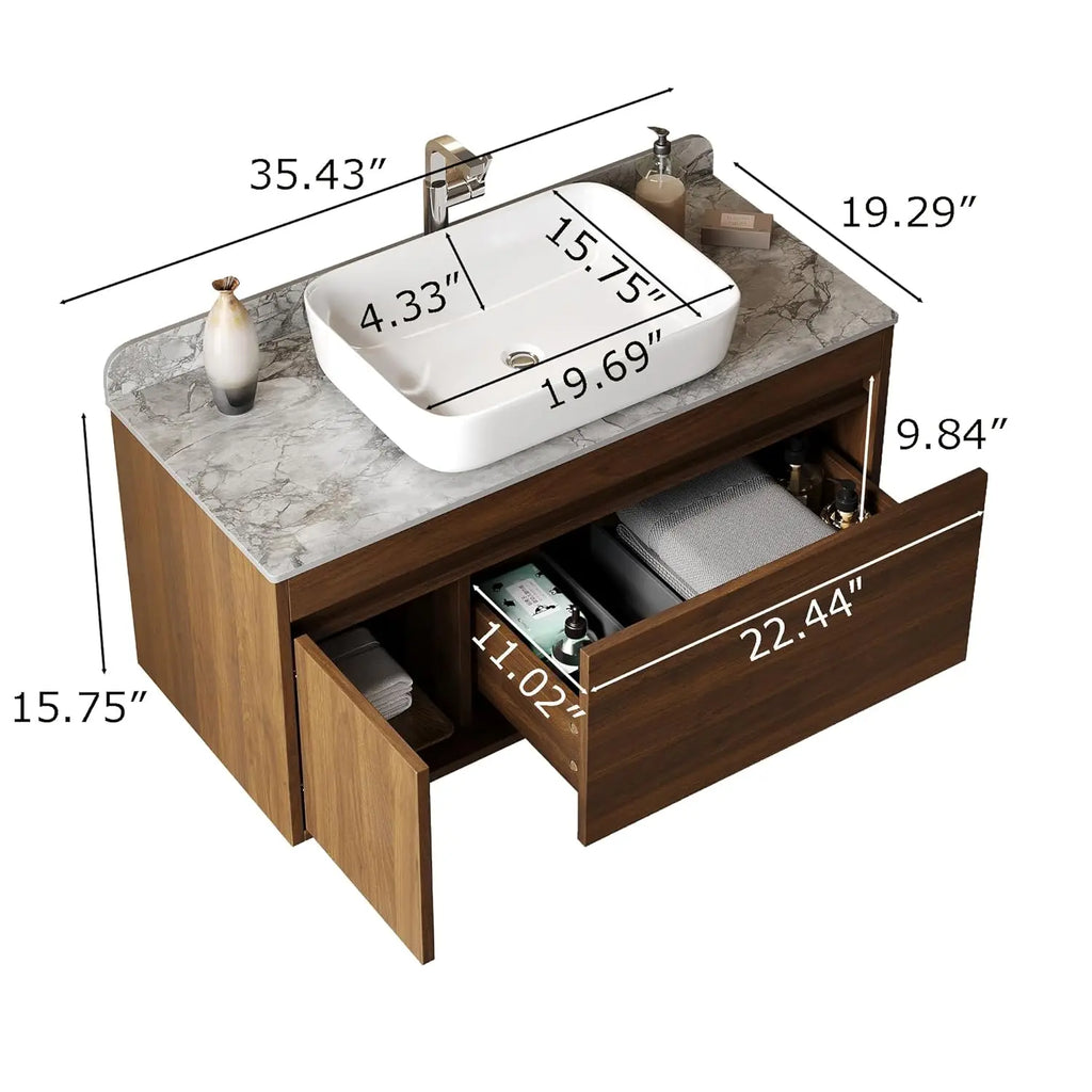 36" Floating Bathroom Vanity with Sink Combo, Wood Bathroom Vanity Storage Cabinet with Gray Sintered Stone
