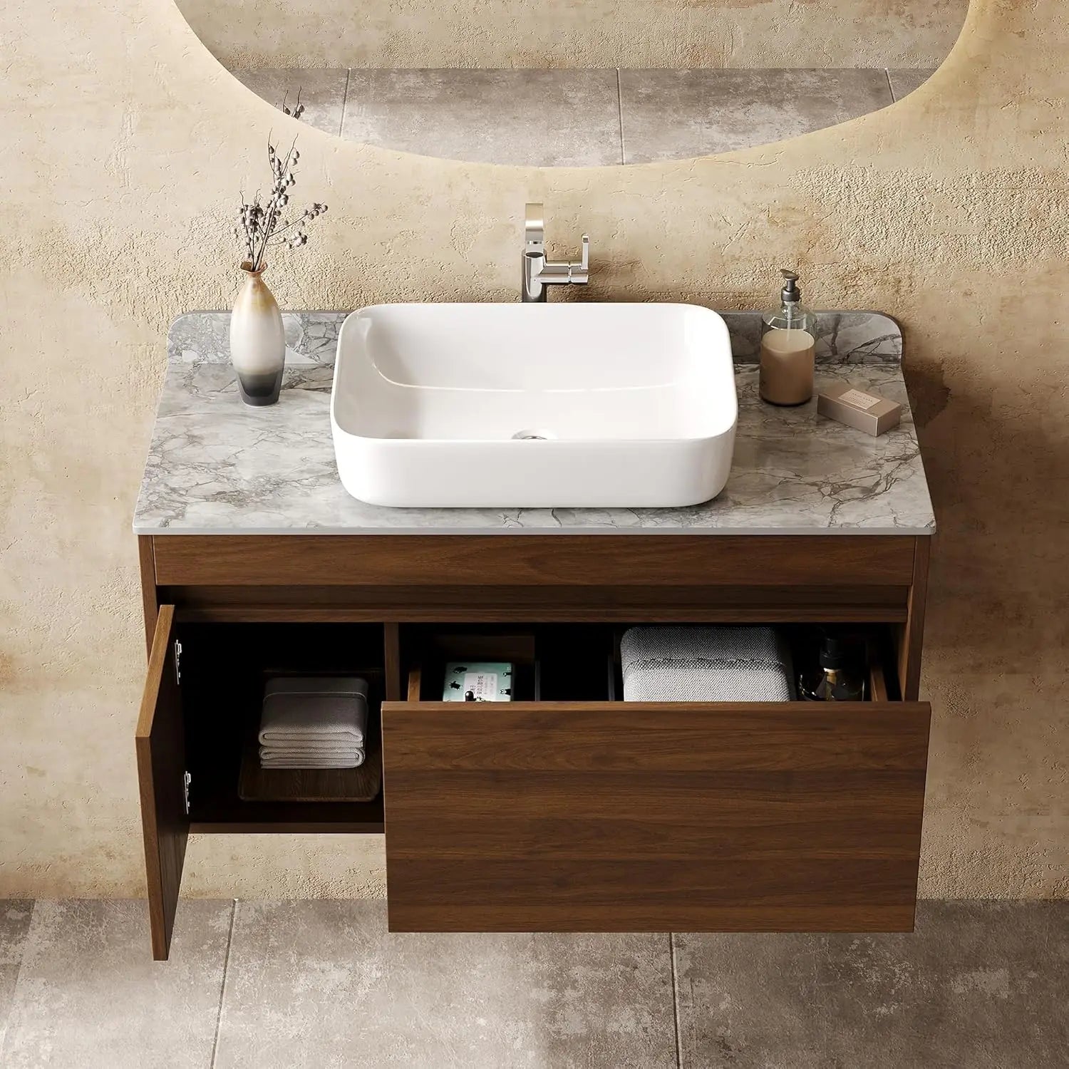 36" Floating Bathroom Vanity with Sink Combo, Wood Bathroom Vanity Storage Cabinet with Gray Sintered Stone, Customized