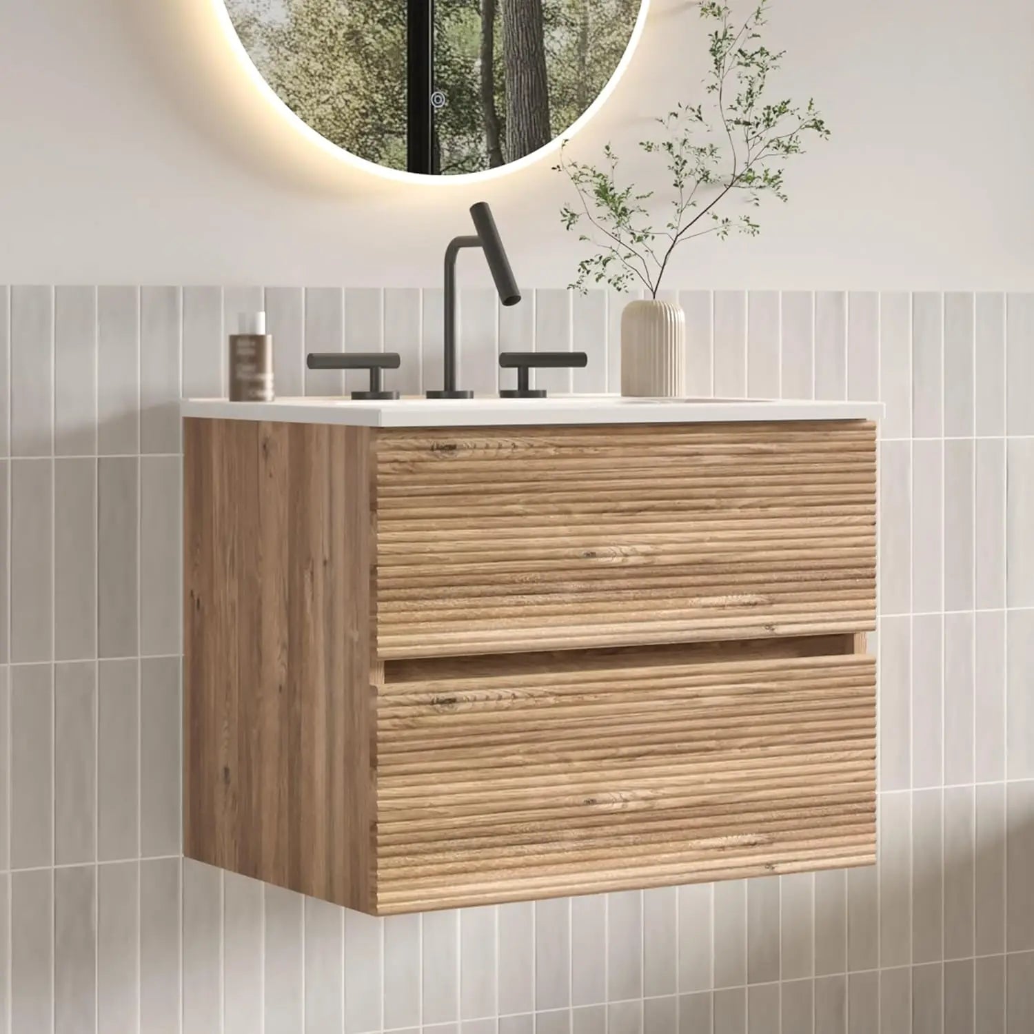 24" Floating Bathroom Vanity with Sink, Modern Wall Mounted Floating Vanity with Ceramic Sink, Double Soft-Close, Customized