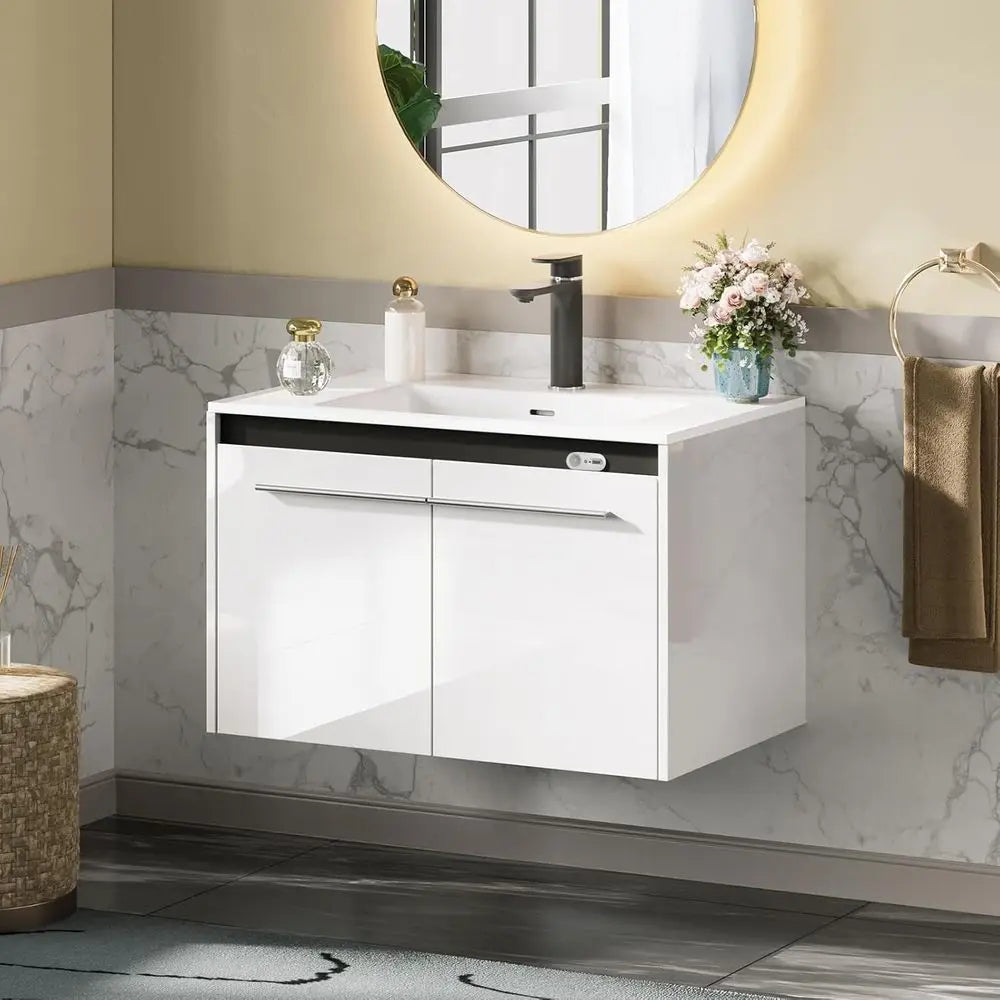 31" LED Floating Bathroom Vanity with Sink, High Gloss Single Sink Wall Mounted Bathroom Storage Vanity Cabinet