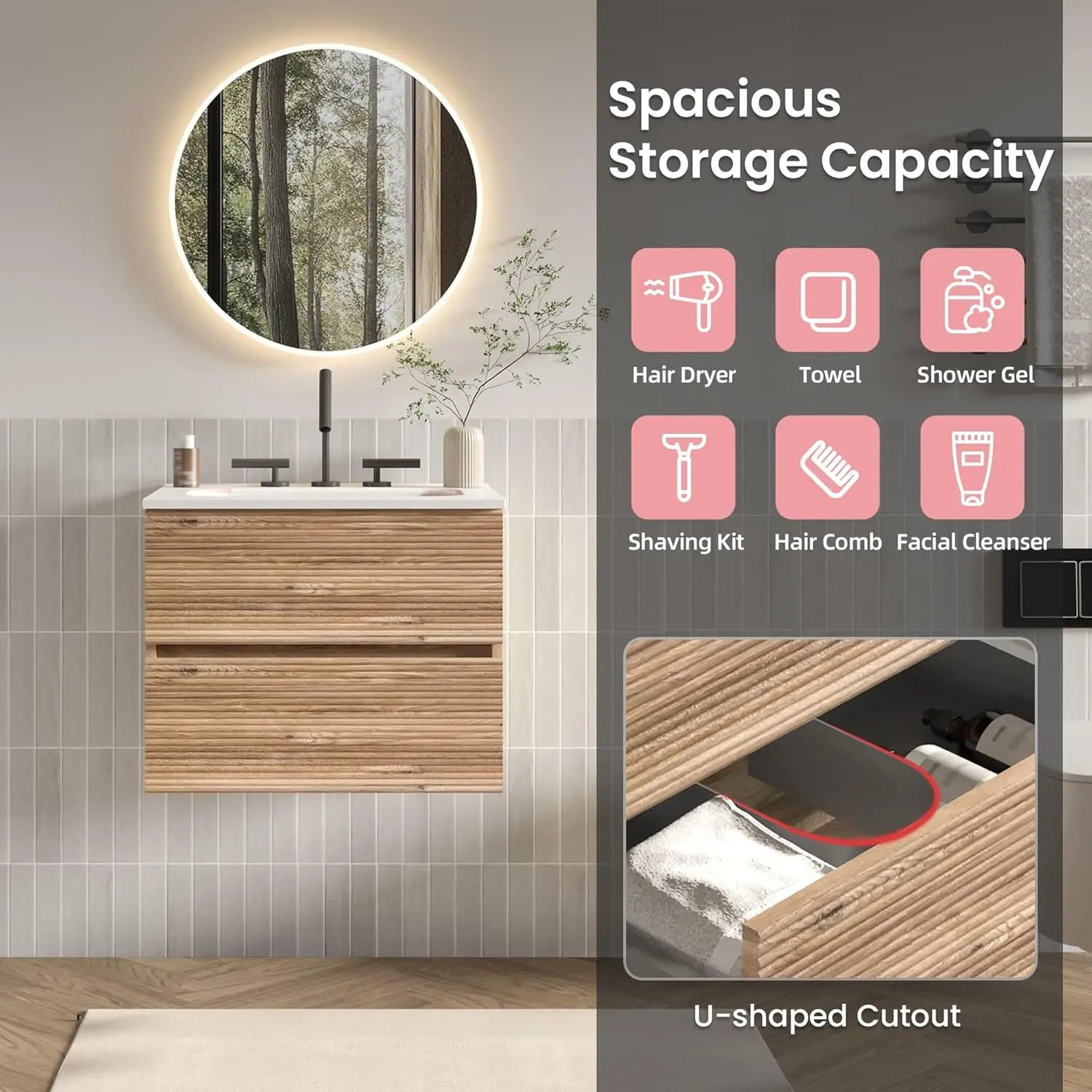 24" Floating Bathroom Vanity with Sink, Modern Wall Mounted Floating Vanity with Ceramic Sink, Double Soft-Close, Customized