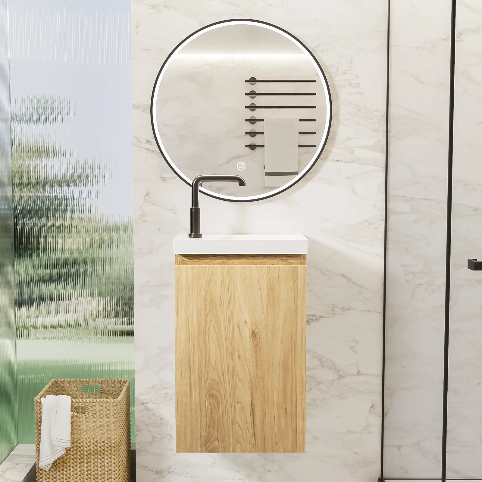 16-Inch Floating Bathroom Vanity with Sink - Natural Oak Smooth Front Finish Wall-Mounted White Stone Top